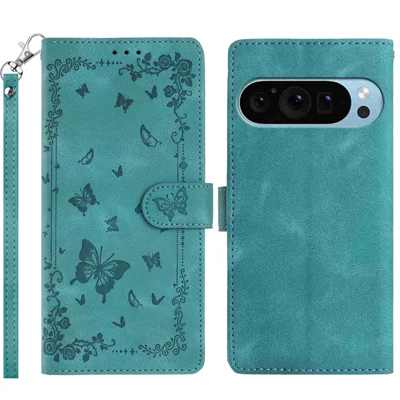 For Google Pixel 9 Pro / Google Pixel 9 / Google Pixel 10 Pro / Google Pixel 10 Case Garden Imprinted PU Leather Wallet Phone Cover with Wrist Strap - Green