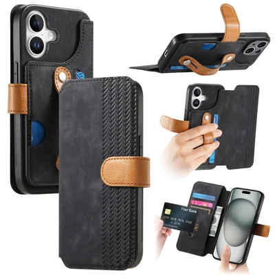 For iPhone 16 Plus / iPhone 16 Wallet Case Retro Leather Phone Cover with Wristband Kickstand - Black