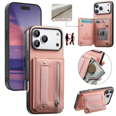 For iPhone 18 Pro Max / 17 Pro Max Case RFID Blocking Card Holder Jeans Cloth Texture Leather Back Cover with Elastic Wristband - Pink