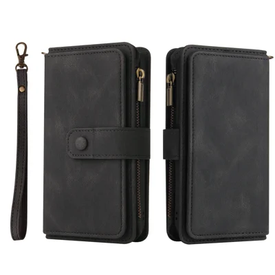For iPhone SE (2020) / iPhone SE (2022) / iPhone 7 4.7 inch / iPhone 8 4.7 inch Zipper Wallet Case with 15 Card Slots and Strap Leather Phone Cover - Black