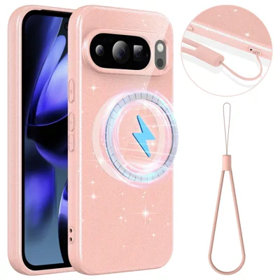 For Google Pixel 10 Pro Magnetic Case Glitter TPU Shockproof Phone Cover with Lanyard - Pink
