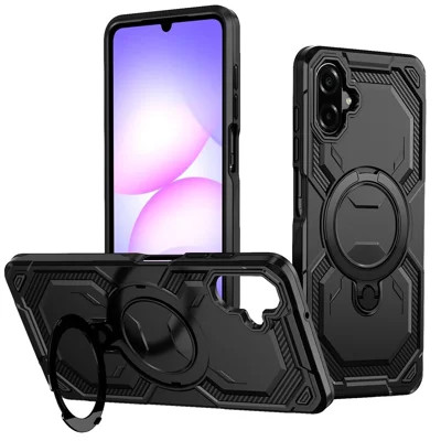 For Samsung Galaxy A08 5G / A07 4G Magnetic Case Ring Kickstand PC + TPU Hybrid Phone Cover - Black