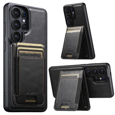 SUTENI For Samsung Galaxy S26 Ultra Magnetic Case Card Holder Kickstand Phone Cover - Black