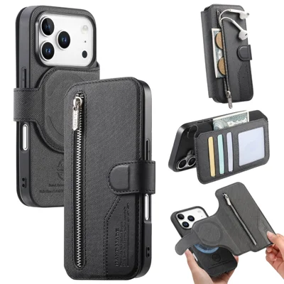 For iPhone 18 Pro / 17 Pro Magnetic Case RFID Blocking Detachable Wallet Stand Cloth Texture Leather Phone Cover - Black