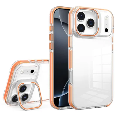 Groothandel voor iPhone 17 Pro Max hoesje lensframe met standaard PC + TPU transparante telefoonhoes - Oranje