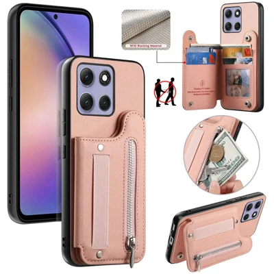 For Motorola Moto G86 Power 5G Case RFID Blocking Card Holder Jeans Cloth Texture Leather Back Cover with Elastic Wristband - Pink