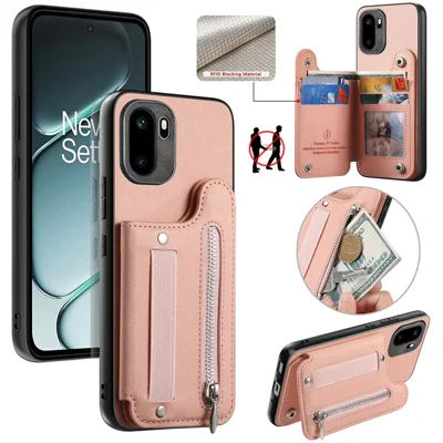 Phone Case For OnePlus Ace 6T 5G / 6 5G RFID Blocking Card Holder Jeans Cloth Texture Leather Back Cover with Elastic Wristband - Pink