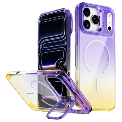 For iPhone 17 Pro Magnetic Case Gradient Color Hard PC Phone Cover Camera Lens Frame Kickstand - Purple