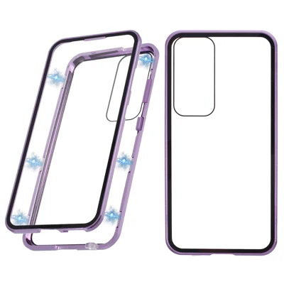 For Samsung Galaxy A57 5G Case Double-Sided Tempered Glass Phone Cover with Magnetic Adsorption Metal Frame - Silver - Purple