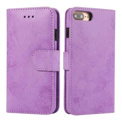Étui portefeuille pour iPhone 8 Plus / 7 Plus - Étui magnétique détachable rétro mat en cuir PU et TPU - Violet