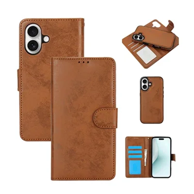 Für iPhone 16 Brieftaschenhülle Retro-Matt Magnetisch Abnehmbar PU-Leder TPU-Handyhülle - Braun