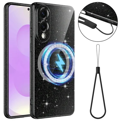 For Samsung Galaxy S25 Edge Magnetic Case Glitter TPU Shockproof Phone Cover with Lanyard - Black