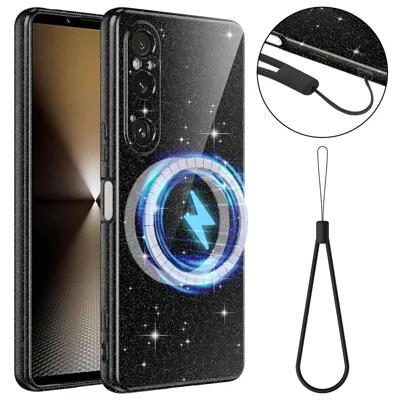 For Sony Xperia 1 VI Magnetic Case Glitter TPU Shockproof Phone Cover with Lanyard - Black