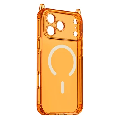 Étui magnétique pour iPhone 17 Pro, coque transparente en TPU antichoc avec patins d'angle amovibles, compatible MagSafe - Orange transparent