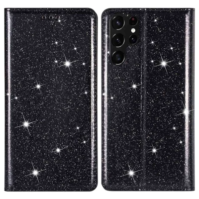 Für Samsung Galaxy S23 Ultra Glitzer-Pailletten PU-Leder stoßfestes Cover mit magnetischem Auto-Close, Ständer und Kartenfach - Schwarz