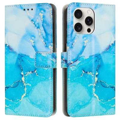 Bulk Purchasing For iPhone 16 Pro Max Case Wallet Stand Marble Pattern PU Leather Flip Phone Cover with Wrist Stra - Blue  /  Green