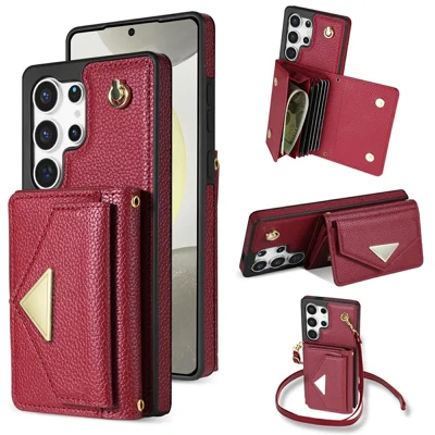 For Samsung Galaxy S26 Ultra Case Card Slots PU+TPU Cell Phone Cover with Long Strap - Wine Red