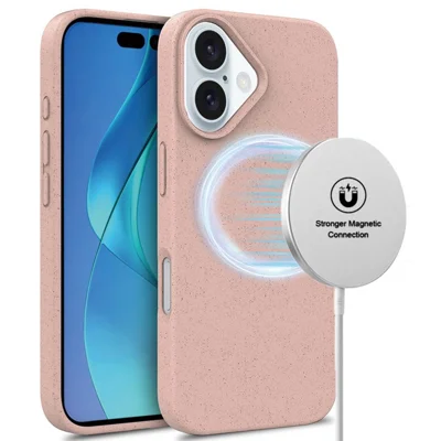 Compra em Volume para Capa Magnética iPhone 16 Compatível com MagSafe, Capa de Telemóvel em Palha de Trigo e TPU à Prova de Quedas - Rosa