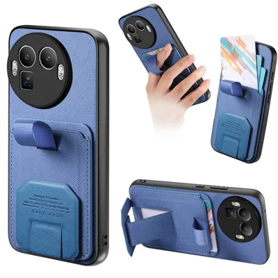 Étui pour Realme GT 8 Pro 5G, texture tissu, coque arrière en TPU, cuir PU et PC avec porte-cartes et support pivotant - Bleu