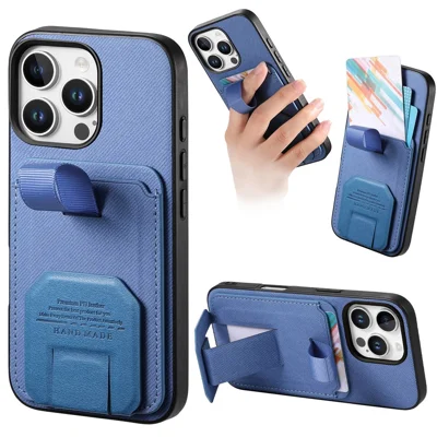 Für iPhone 16 Pro Max Hülle mit Stoffstruktur TPU PU Leder PC Rückseite mit Kartenfach Ständer – Blau