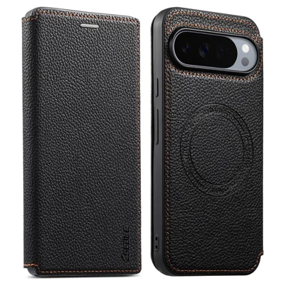 ESEBLE Magnetic Case For Google Pixel 10 Pro XL / Pixel 9 Pro XL Ultra Thin Litching Textured Leather Flip Cover with Card Slot - Black