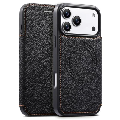 ESEBLE For iPhone 17 Pro Magnetic Case Ultra Thin Litching Textured Leather Flip Cover with Card Slot Compatible with Magsafe - Black