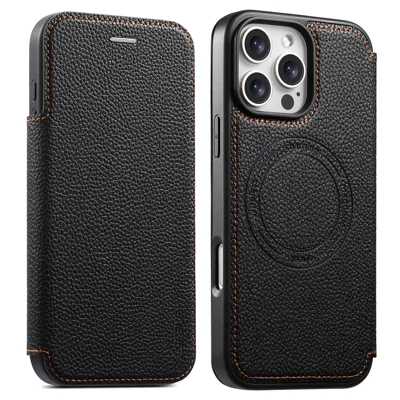 ESEBLE For iPhone 16 Pro Max Magnetic Case Ultra Thin Litching Textured Leather Flip Cover with Card Slot Compatible with Magsafe - Black