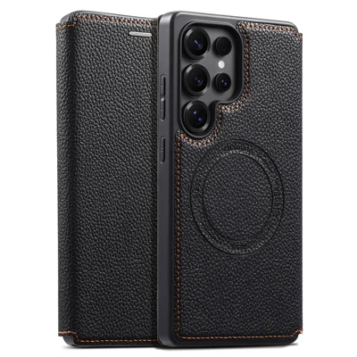 ESEBLE For Samsung Galaxy S26 Ultra Magnetic Case Ultra Thin Litchi Texture PU Leather+PC+TPU Phone Cover with 2 Card Slots - Black