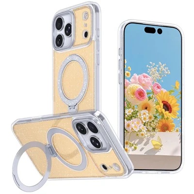 Coque magnétique pour iPhone 17 Pro Max, coque transparente avec paillettes, support pivotant à 360 degrés, protection anti-choc en TPU et acrylique - Orange