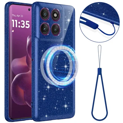 Magnetic Case For Motorola Moto G77 Power 5G / G67 Power 5G  /  G57 5G  /  G57 Power 5G  /  G100 5G (2025)  /  G100s 5G Glitter TPU Shockproof Phone Cover with Lanyard - Blue