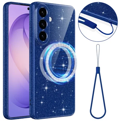 Magnetic Case For Samsung Galaxy A18 4G / A18 5G / A17 5G  /  F17 5G  /  M17 5G  /  A17 4G Glitter TPU Shockproof Phone Cover with Lanyard - Blue