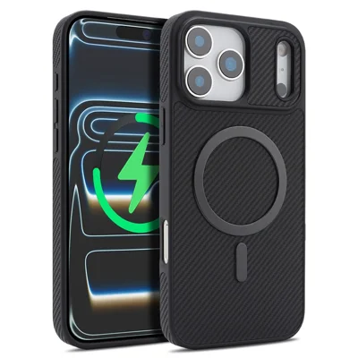 Coque pour iPhone 17 Pro Max, finition cuir PU texturé fibre de carbone collé sur le côté, avec anneau magnétique métallique - Noir