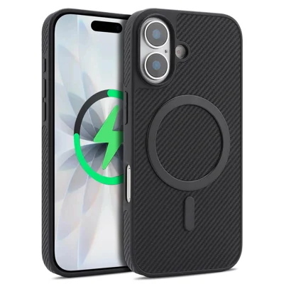 For iPhone 17 Case Carbon Fiber Texture PU TPU Drop-proof Phone Back Cover with Non-Magnetic Metal Ring - Black