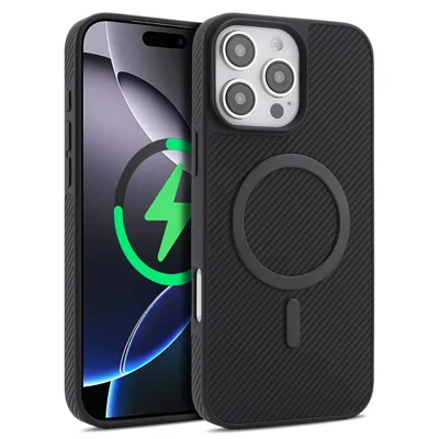 For iPhone 16 Pro Case Carbon Fiber Texture PU TPU Drop-proof Phone Back Cover with Non-Magnetic Metal Ring - Black