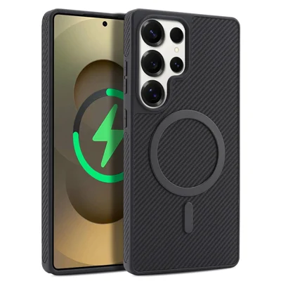 For Samsung Galaxy S25 Ultra Case Carbon Fiber Texture PU TPU Drop-proof Phone Back Cover with Non-Magnetic Metal Ring - Black