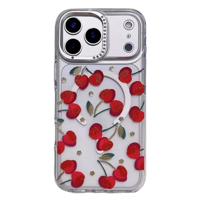 Funda Magnética para iPhone 17 Pro Max Compatible con MagSafe Funda de Teléfono TPU + PC con Diseño de Flores y Lazos - Cereza Roja