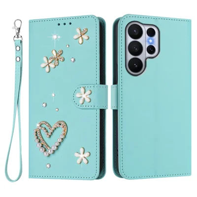 For Samsung Galaxy S26 Ultra Case Pearls Heart Diamond Flower Decor Leather Wallet Phone Cover with Wrist Strap - Mint Green