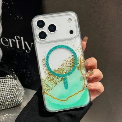 Für iPhone 17 Pro Max Magnetisches Case kompatibel mit MagSafe Goldfolie Glitzer 2,5 mm Epoxid TPU Handyhülle - Grün
