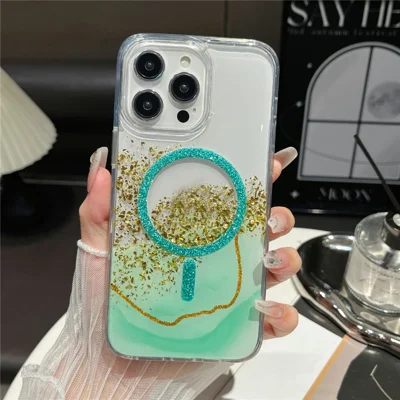 Coque magnétique pour iPhone 16 Pro Max compatible MagSafe, motif or pailleté, housse de téléphone en TPU époxy 2,5 mm - Vert