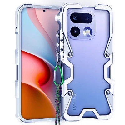 For Realme 16 Pro+ 5G Bumper Case Aluminium Alloy Metal Phone Shell Cover with Strap - Silver