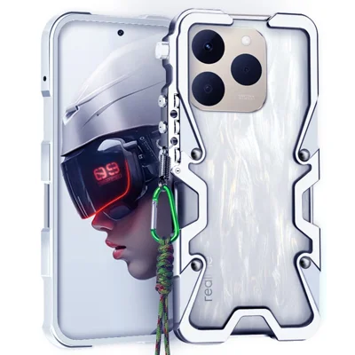 For Realme 15T 5G Bumper Case Aluminium Alloy Metal Phone Shell Cover with Strap - Silver