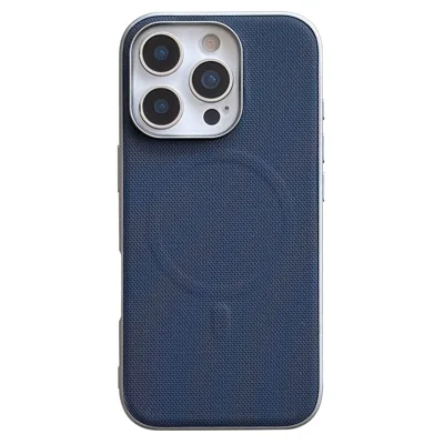 Magnetische Hülle für iPhone 16 Pro Max, feines Gitter-Design, Leder + PC + TPU, Handyhülle – Dunkelblau