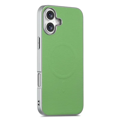 For iPhone 16 Magnetic Case Fine Grid Texture Leather + PC + TPU Phone Cover - Green