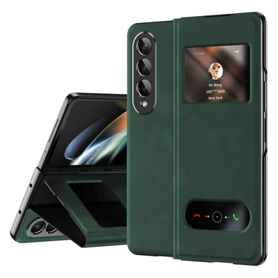 For Samsung Galaxy Z Fold4 5G View Window Design Folding Phone Protective Cover Nappa Texture PU Leather + PC Drop Resistant Case with Stand - Green