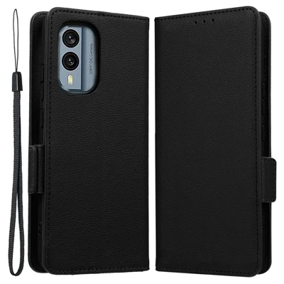 For Nokia X30 5G Litchi Texture PU Leather Phone Case Full Protection Stand Magnetic Closure Flip Wallet Cover with Strap - Black