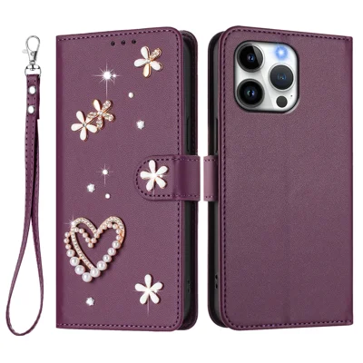 For iPhone 16 Pro Max Case Pearls Heart Diamond Flower Decor Leather Wallet Phone Cover with Wrist Strap - Violet