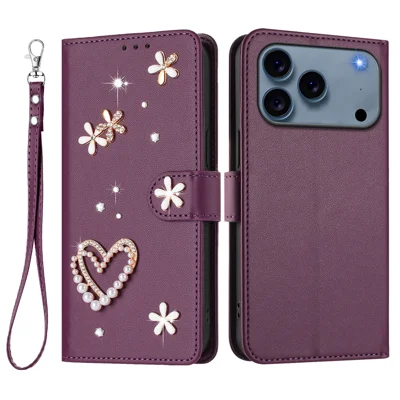 Coque pour iPhone 17 Pro Max avec Cœur Perlé, Décor de Fleurs de Diamant, Portefeuille en Cuir avec Dragonne - Violet