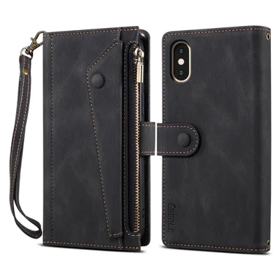 ESEBLE Star Series für iPhone X / XS Hülle mit Reißverschluss, Ledertasche mit Ständer für Handy - Schwarz