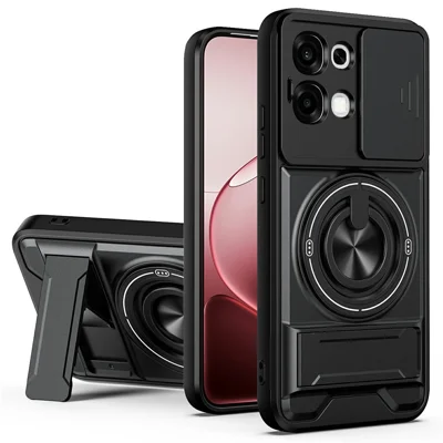 För Oppo A6 Pro 5G / A6 Pro 4G Magnetisk Skal Med Ringhållare Vikbar Fotpodd TPU PC Mobilska med Skjutbar Objektivskydd - Svart