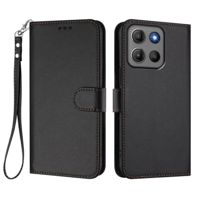 For Motorola Moto G17 Power 4G / G17 4G / G15 4G / G15 Power 4G Leather Case Wallet Stand Phone Cover with Wrist Strap - Black